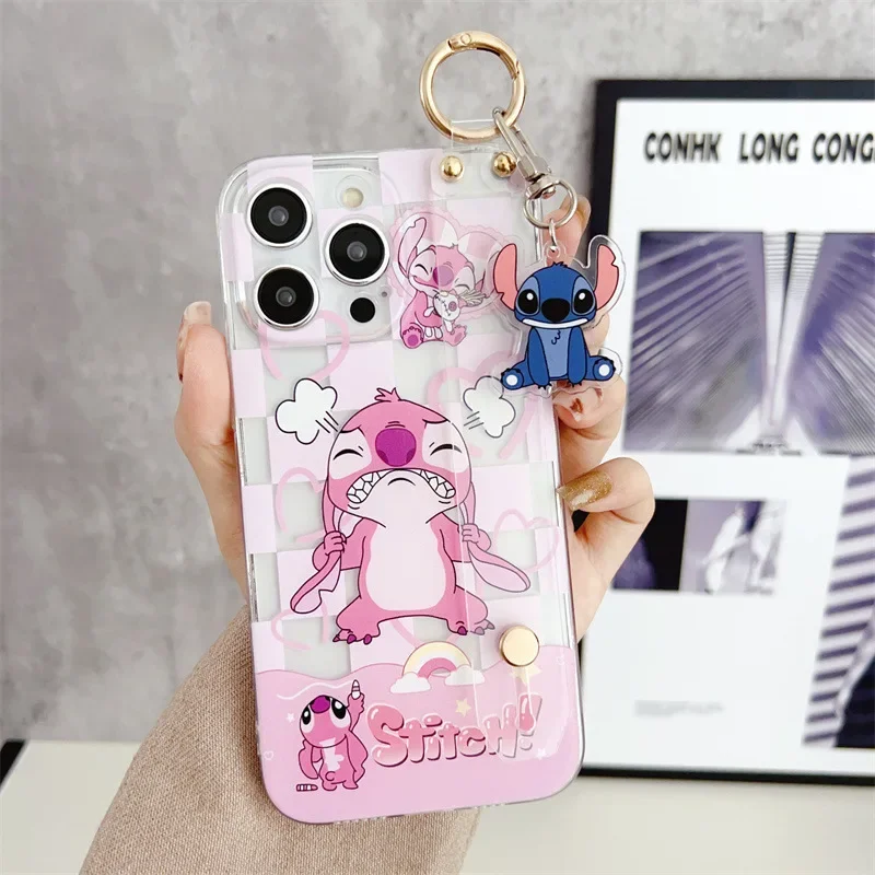 Cute Cartoon Stitch Couple Phone Case With Clear Strap Lanyard For iPhone 16 15 14 13 12 mini 11 Pro Max Plus Shockproof Cover