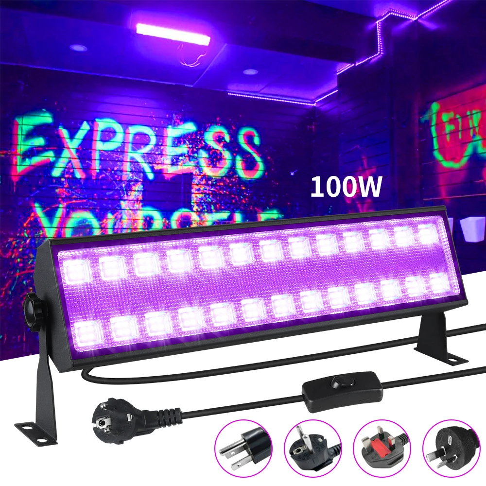 

100W Светодиодный UV Black светильник Bar Black Light светильник Up 40x40 Area для светящегося строительства, украшения для Хэллоуина, вечеринки, спальни, сценическое освещение