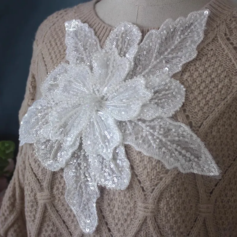 White multi-layer sequin beaded three-dimensional flower DIY clothing decoration Sweater coat accessories