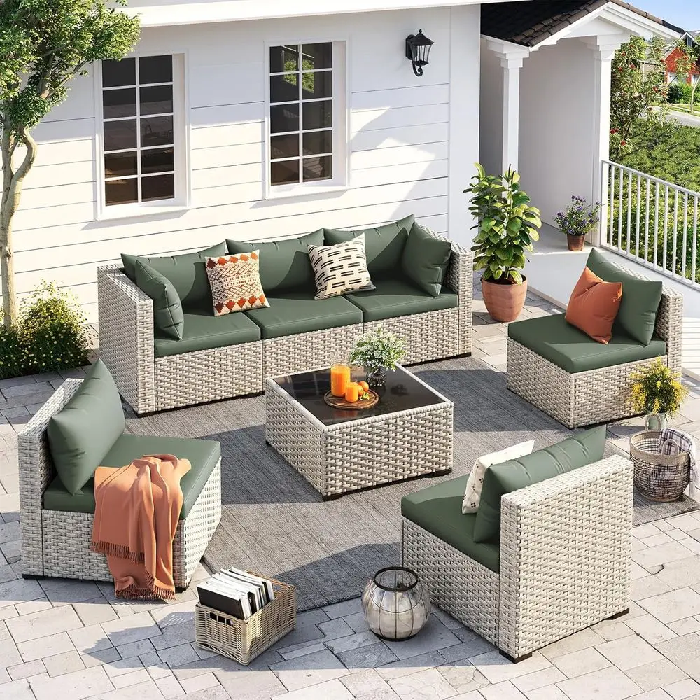 

7-Piece Green PE Wicker Outdoor Sectional Sofa Set with Tea Table for Patio, Garden, Backyard