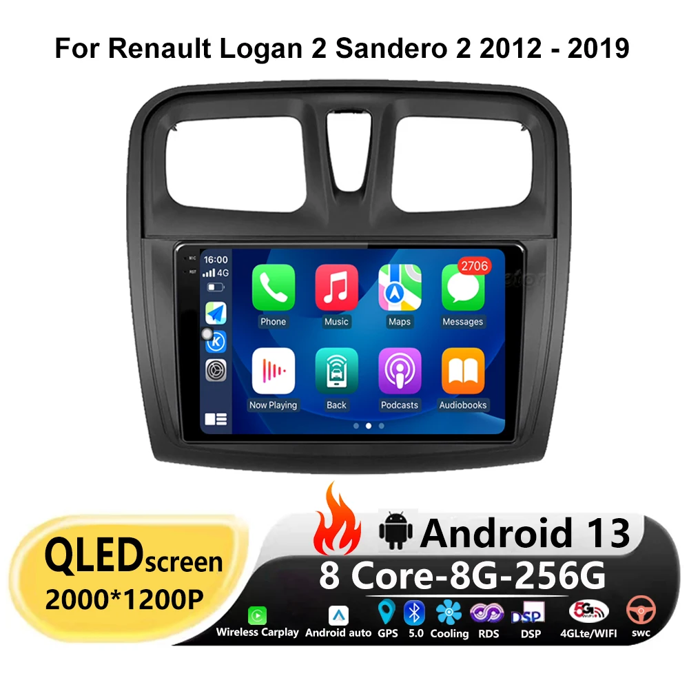 

For Renault Logan 2 Sandero 2014 - 2019 GPS Navigation 9'' Android 13 Car Radio Multimedia Player Audio Stereo DSP WiFi Carplay