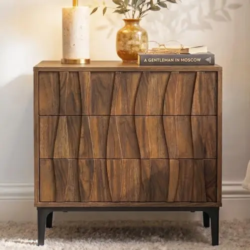 Mid-Century Modern Walnut Nightstand, Wide Bedside or Side Table with 3 Drawers, Sculpted 3D Wave Front, Push-to-Open