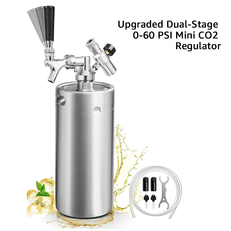 128OZ Mini Keg Growler with Upgraded Dual-Stage 0-60 PSI Mini CO2 Regulator Tap System for Camping Picnics Party Gift (Silver)
