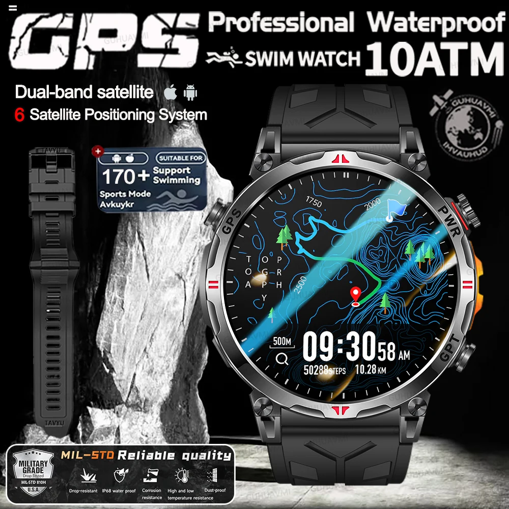 

2025 New top Military outdoors GPS SmartWatch Compass IP68Waterproof Tactics Compass Altimeter 170+Sport HD call SmartWatch Men