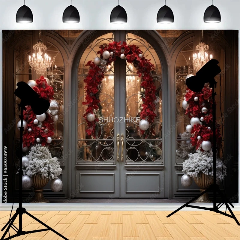 يوم عيد الميلاد Wreach ندفة الثلج خلفيات للتصوير الفوتوغرافي الباب الأمامي شتاء السنة الجديدة كوخ غرفة المعيشة الديكور خلفية DD-01