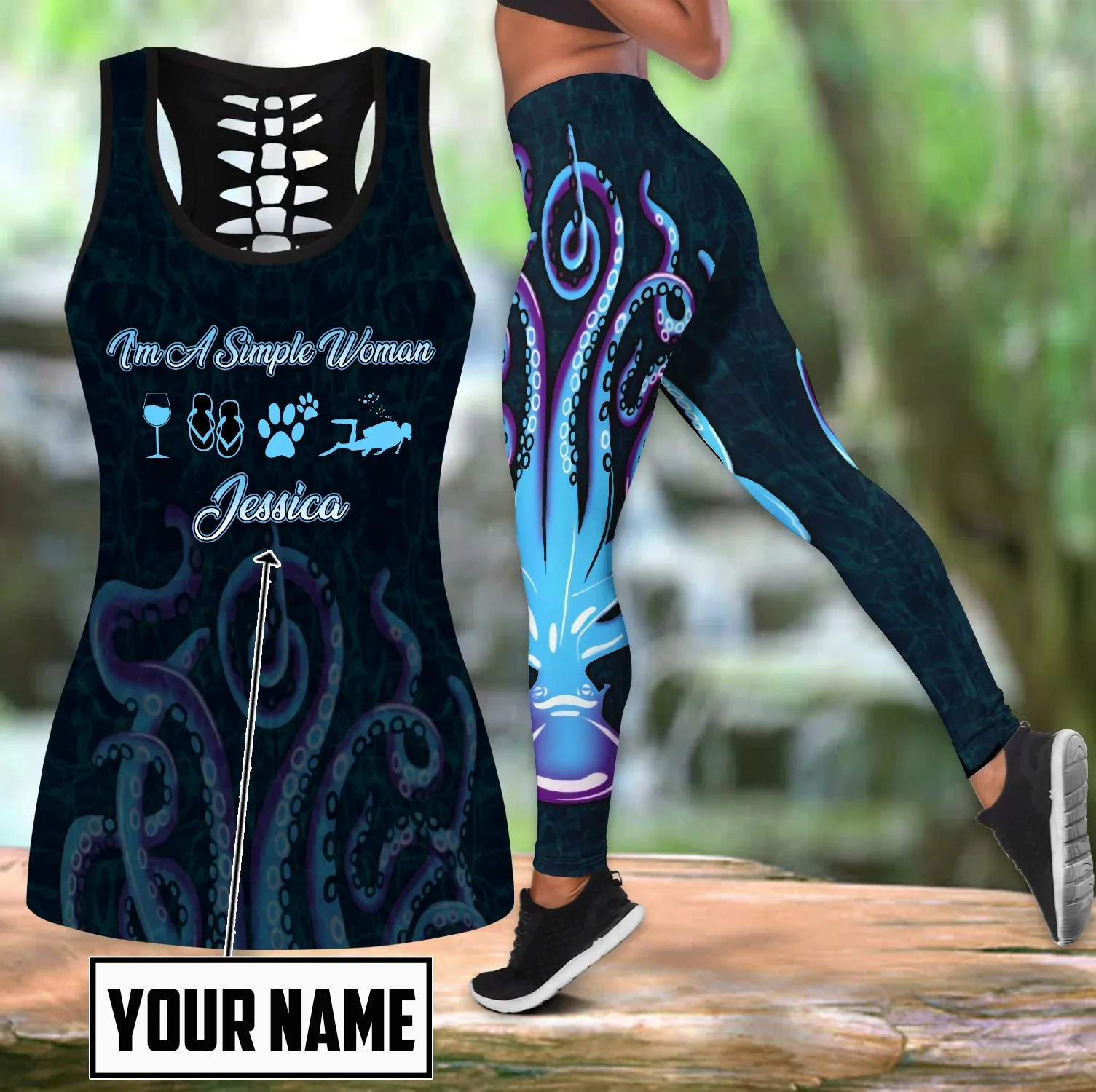 Scuba diving custom name 3D Printed Hollow Tank Top & Leggings Set Fitness Female Full Length Leggings Running Pants DDK96