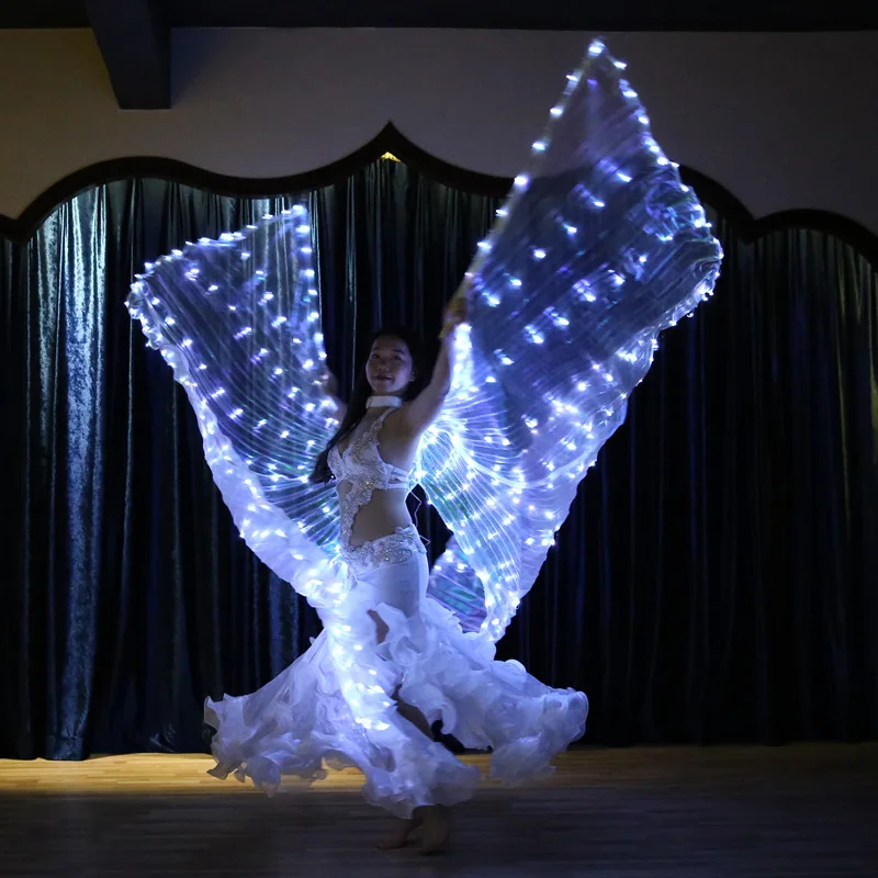 Luz eletrônica dança dividida led palco isis asas mulheres adereços de dança do ventre 360 °   Asas brilhantes LED para meninas, asas de dança com palitos