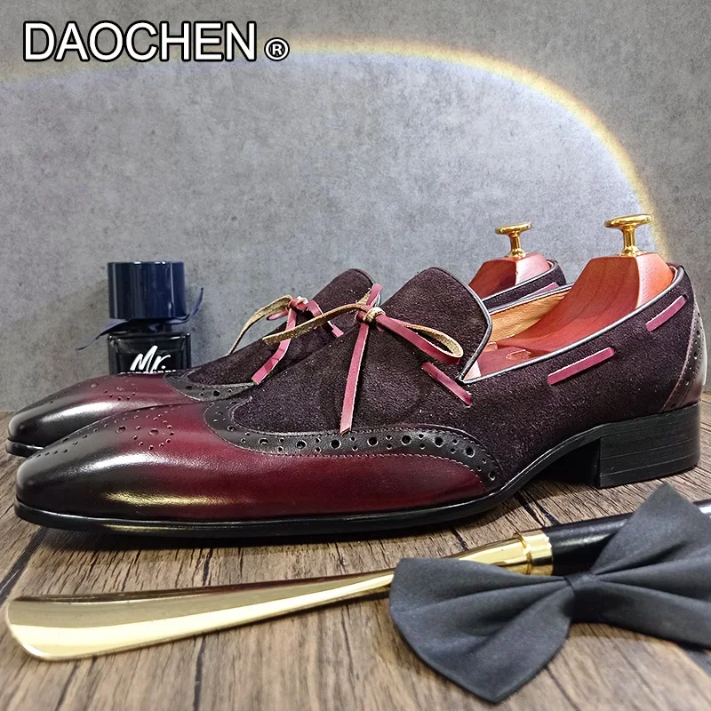 LUXURY MEN LOAFERS SHOES WITH BOW BLACK BURGUNDY WINGTIP SLIP ON SUEDE CASUAL MEN SHOES WEDDING OFFICE LEATHER SHOES MEN