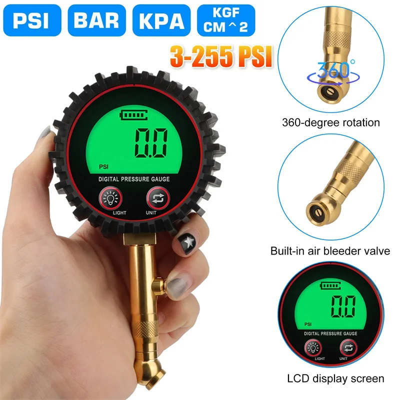 

New Tire Pressure Gauge 3-255PSI Backlight LCD Display Digital Air Pressure Gauge For Car Trucks Bikes