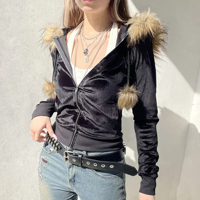 2025 New Dark Aesthetic Soft Velvet Zip Sweatshirt Hoodie Cyber Y2K  Gothic Faux Collar Pocket Hooded Coat Women Slim Streetwear