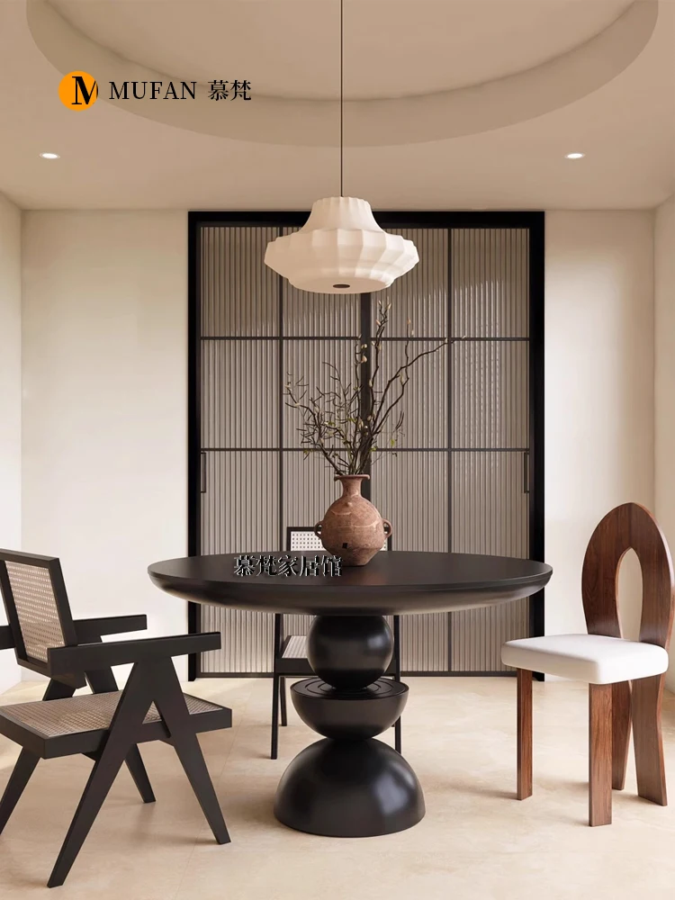 

Retro round table personalized creative round dining French solid wood dining neoclassical black solid wood ro