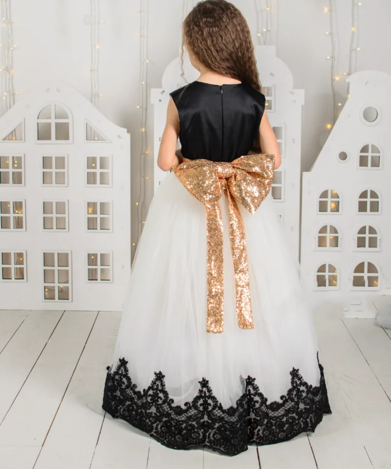 Vestido de tul blanco de encaje negro para niña, vestido de cumpleaños con cinta dorada, vestido elegante para sesión de fotos, vestido Formal