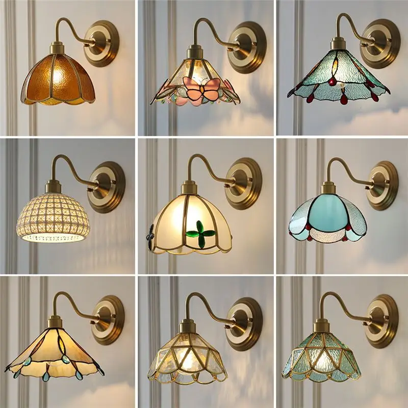 Vintage Brass Glass LED Wall Lamp Indoor Wall Sconce Night Light for Bedroom Dining Room Cafes Background Lighting Decor