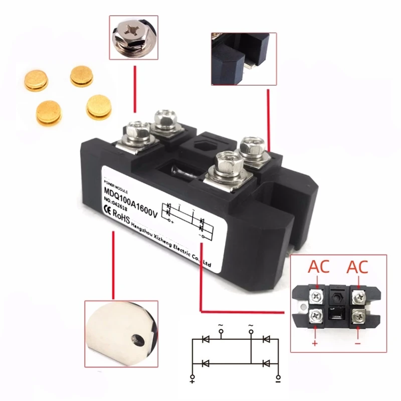 MDQ100A1600V puente rectificador monofásico, módulo de AC-DC de 12V, 24V, 36V, 48V, 220V, 480V, 100Amp, 1600V