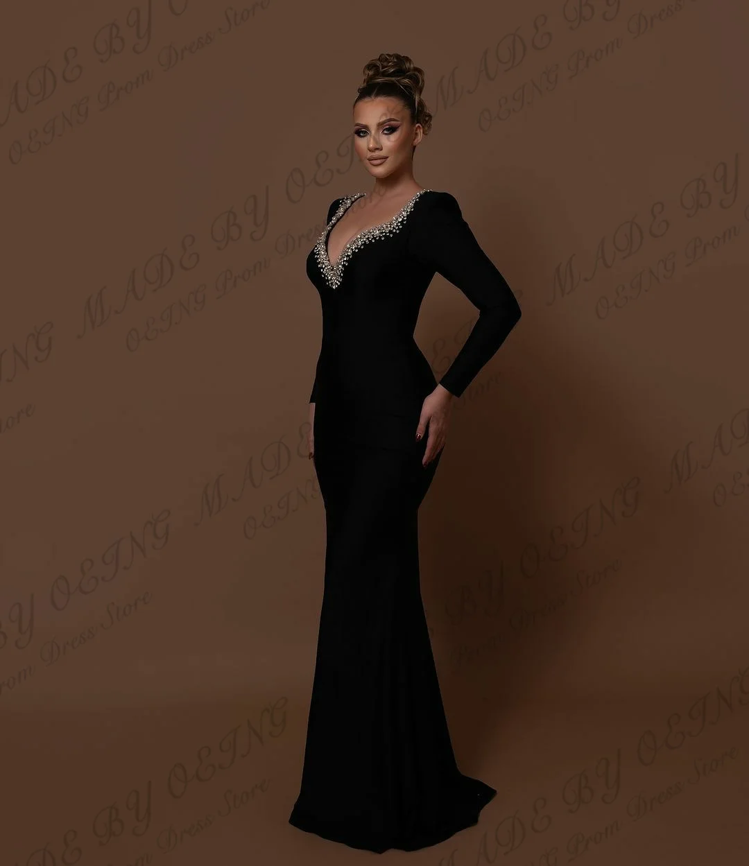 OEING Simple Black Mermaid Evening Dresses Dubai Arabic Women Beads Long Sleeves Square Neck Floor Length Party Gowns Customized