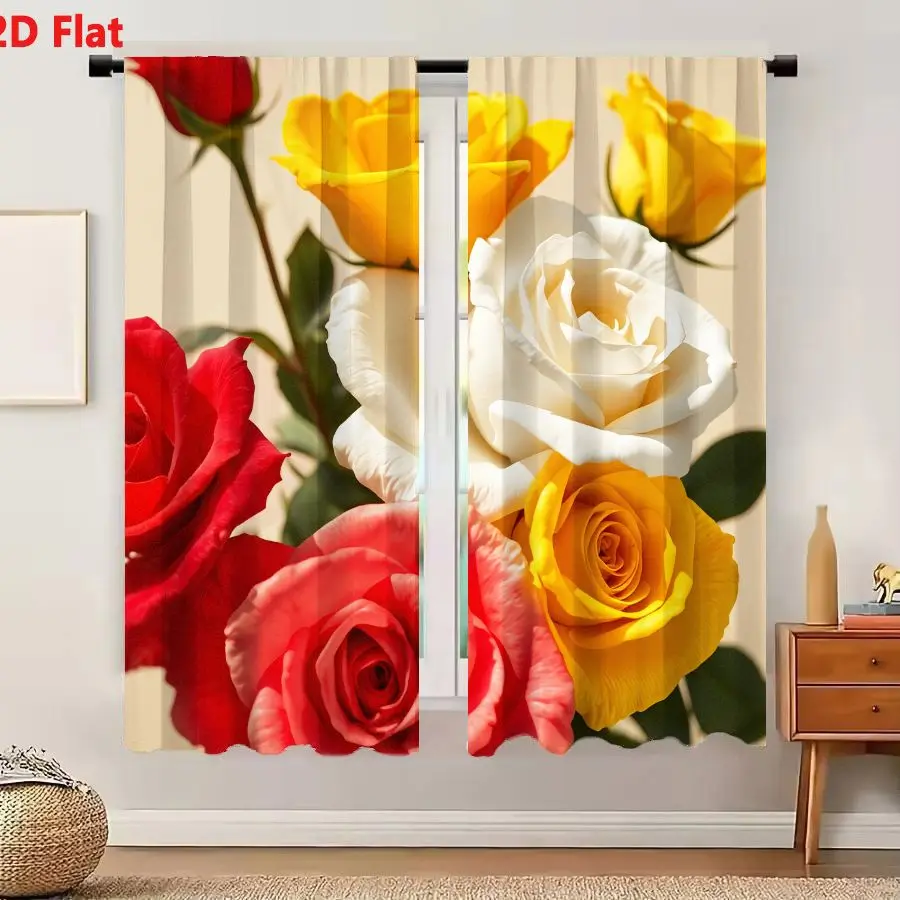 2Pcs Curtains 2D Flat Vibrant Roses Bouquet Deep Red Yellow White Coral Pink Lush Blooms Elegant Romantic Decor Window Drapes fo
