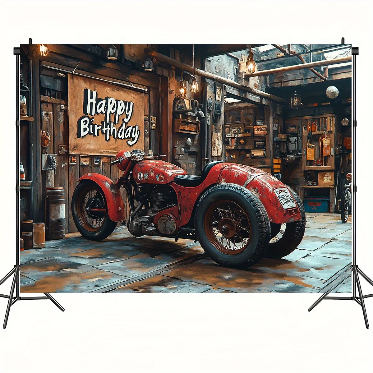 Multi-functional vintage garage background with classic and motorcycle elements - birthday party racing enthusiasts
