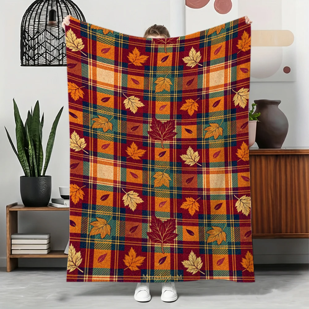 Throw Blanket Autumn Maple Leaf Plaid Plaid Checked Pattern Cozy Bed Couch Blankets Thanksgiving Gift Rustic Decor Blanket