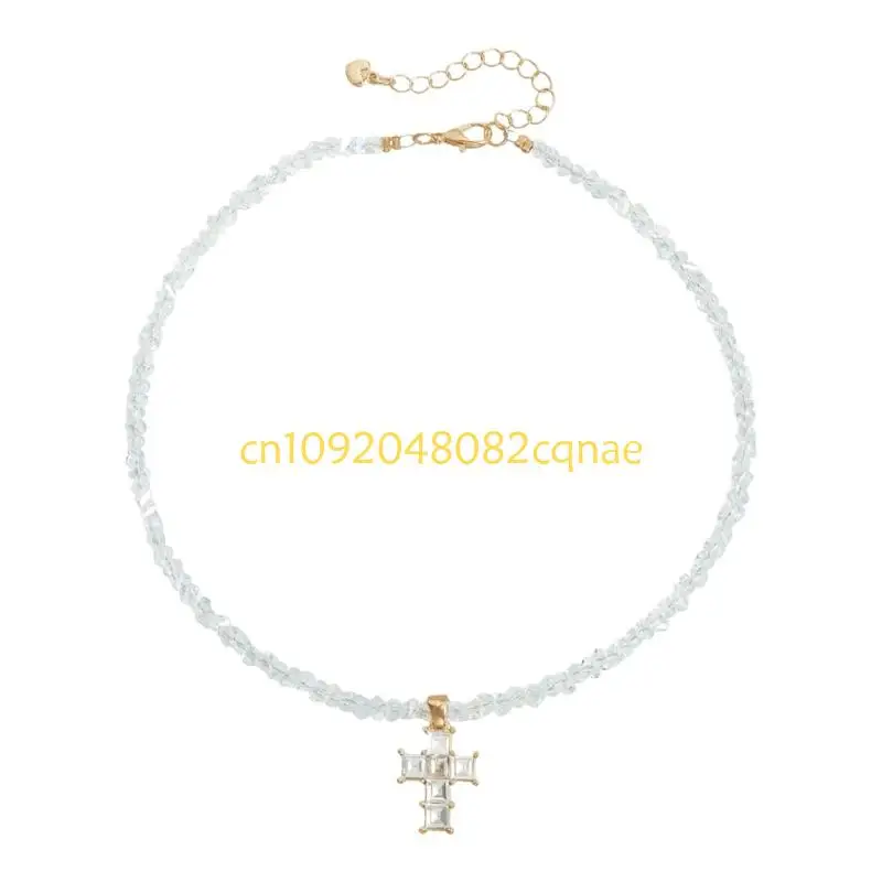 Trendy Triangular Crystal Beads Embellished Crucifix Necklace Daily Jewelry Gift