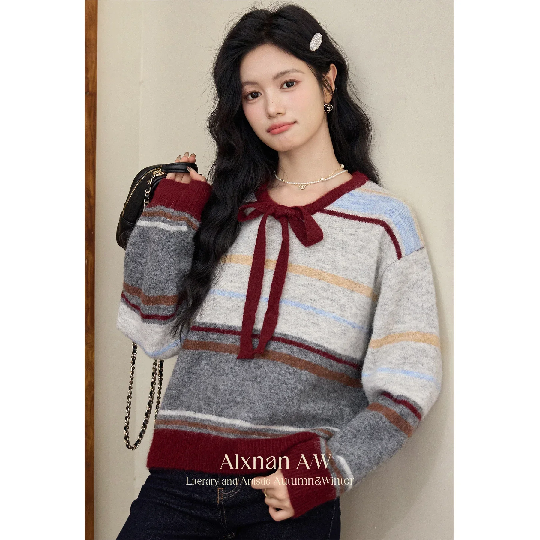 

ALXNAN All-match Striped Sweaters for Women Lace-up Bow O-neck Drop Sleeve Loose Pullover Fall Winter Warm Sweet Knitwear L52229