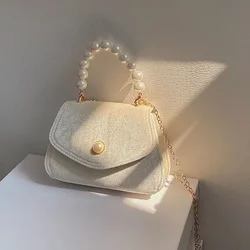 Vintage mała kwadratowa torba na ramię dla kobiet Pearl Chain Ladies Tote torebki wieczorne sprzęgło torebka moda kobieta Crossbody torby