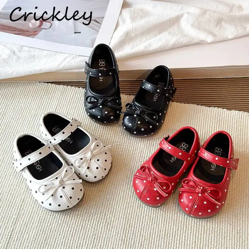 Dot Bow Girls Flats Shoes Spring Autumn PU Leather Soft Princess Shoes For Kids Hook Loop Non Slip Toddler Children Mary Janes