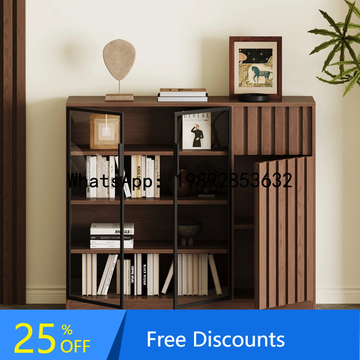 

Solid Wood Bookshelf Storage Cabinet Living Room Door Space-Saving Bedside with Glass Door Floor-Standing Integrated