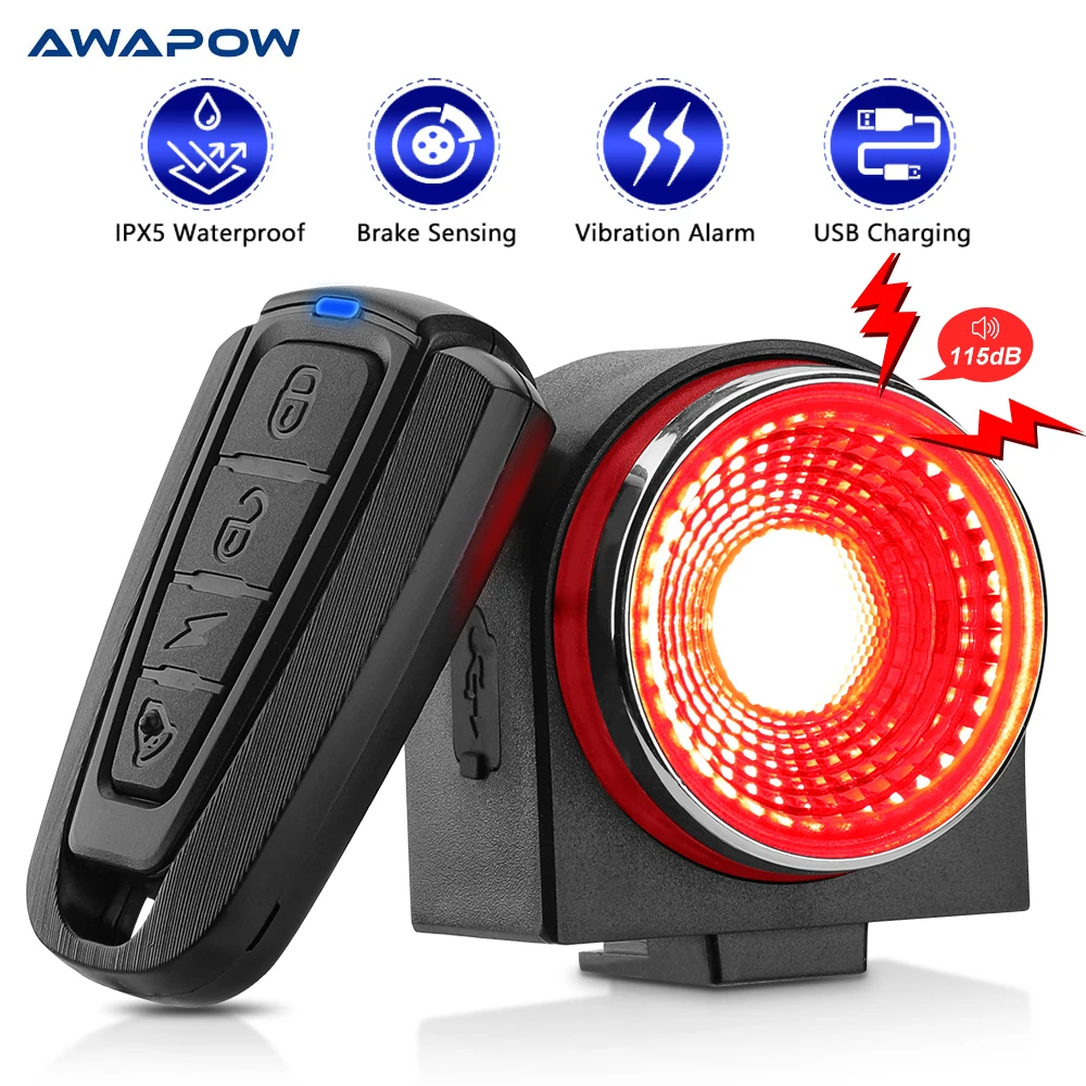 Awapow Bicycle Alarm Tail Light USB Charging Bike Anti Theft Alarm IPX5 Waterproof Automatic Induction Bicycle Rear Light