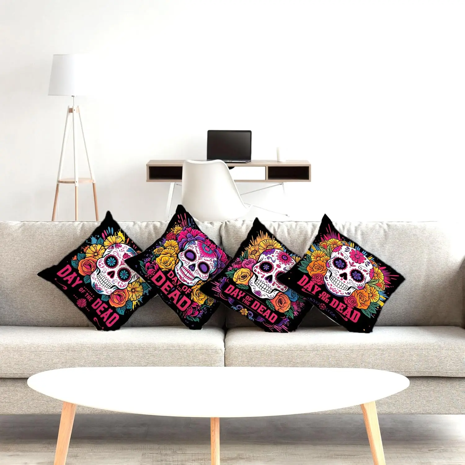 Linen Day of The Dead Throw Pillow Covers 18x18 Set of 4 Sugar Skull Dia De Los Muertos Party Decoration for Home Bed Couch Sofa