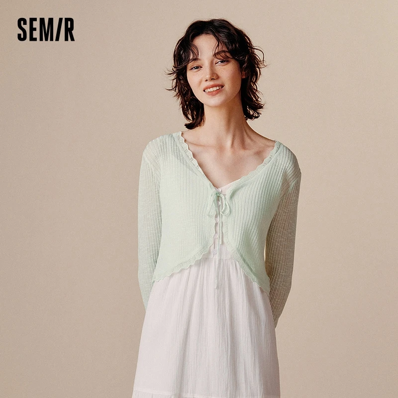 Semir Knit Cardigan Women Short Knit Cardigan Simple Sweet Style 2024 New Autumn V-Neck Slim Fit Top Fresh and Gentle