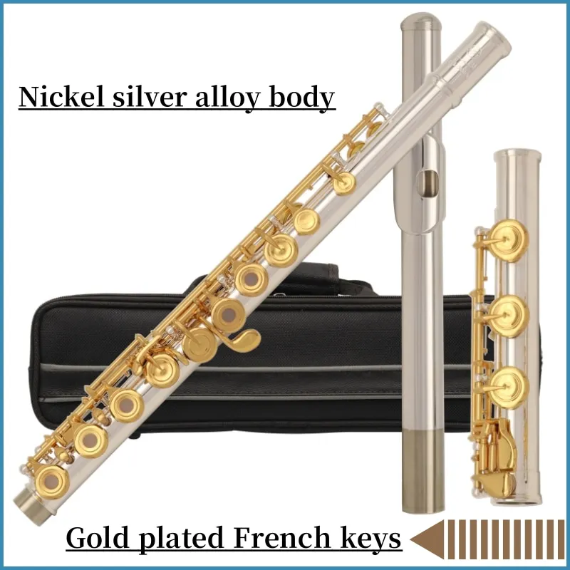 New AOQI C Tune Flute 17 Open Holes Silver body Gold Keys Musical Instruments With Accessories Free Shipping