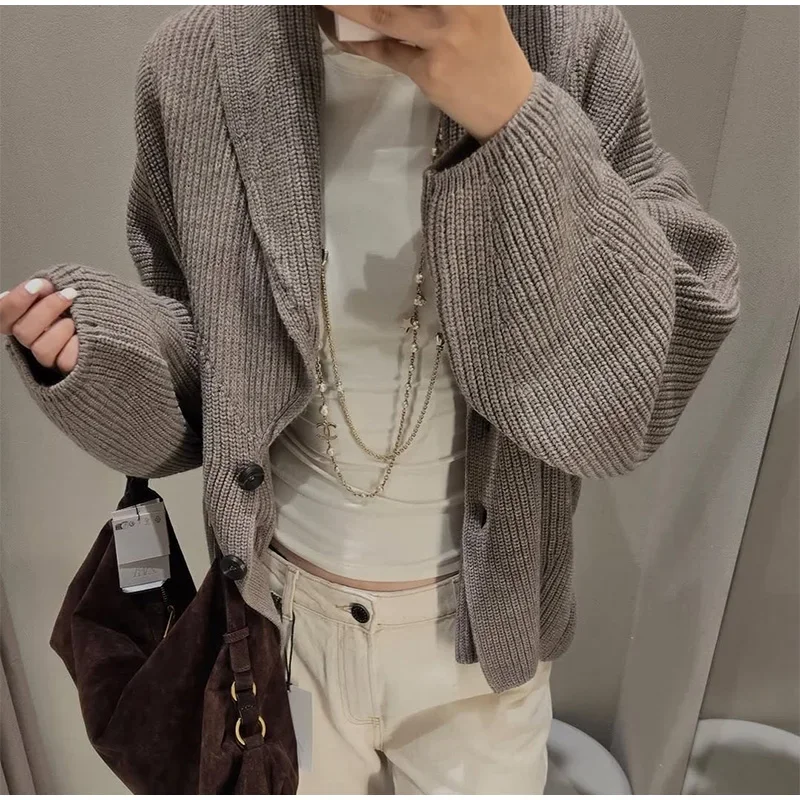 Damen-Strickjacke mit langen Ärmeln, doppelreihig geknöpft, locker geschnitten, im High-Street-Stil, lässige Oberbekleidung, Neu – Detail 4