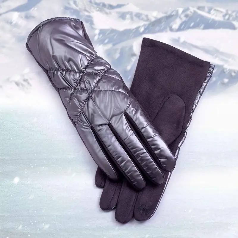 Fashion Down Cotton Plus Velvet Outdoor Windproof Cycling Mittens Women Winter Full Finger Touch Screen Driving Warm Gloves S99