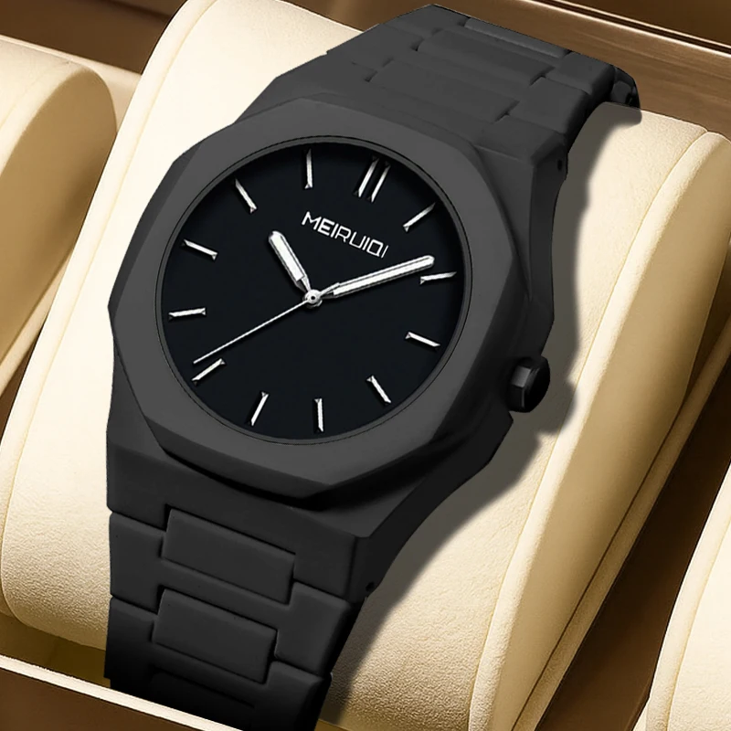 

Мужские кварцевые часы с черным ремешком, минималистичным дизайном, оригинальным восьмиугольным циферблатом и стрелками.