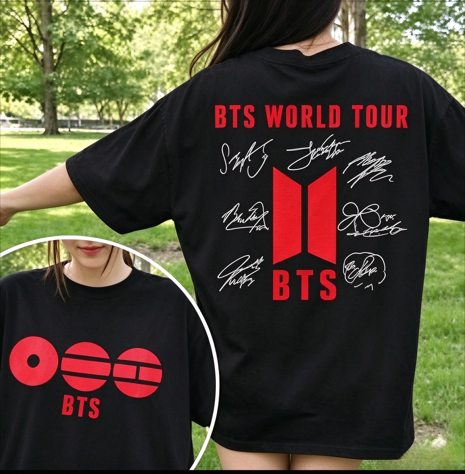 2026  BT21 World Tour Double Sided Print T-shirt Member Signatures Unisex Kpop Black White Short Sleeve Y2k Ins