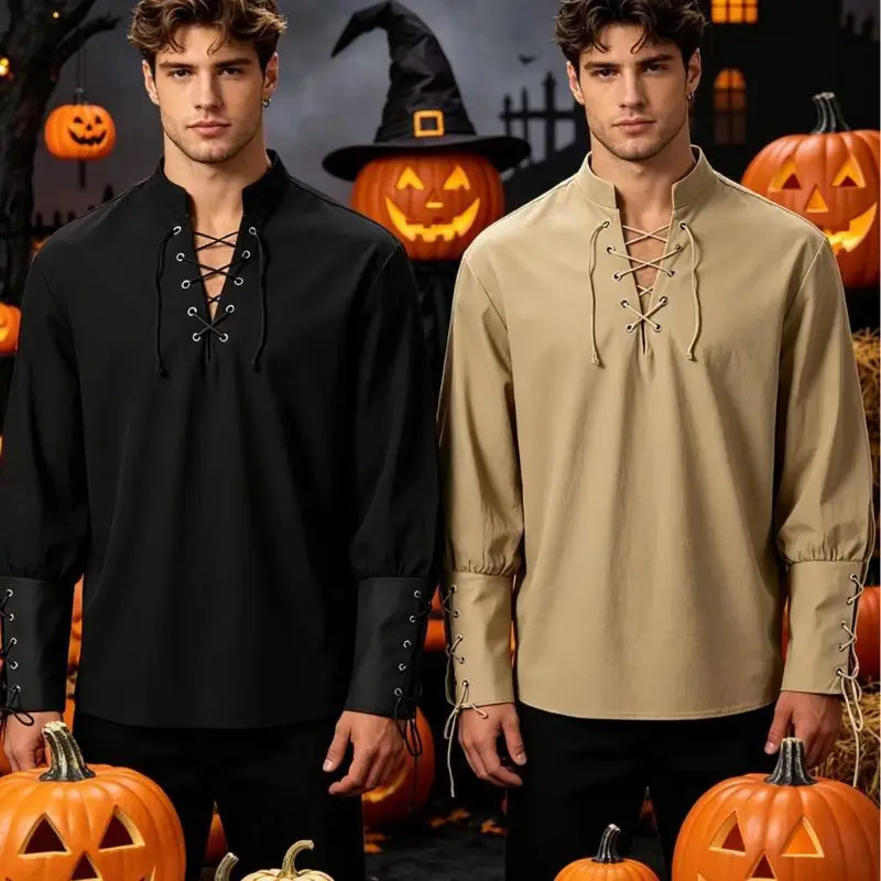 Men's Medieval Viking Shirt Renaissance Shirt Pirate Men's Long-Sleeved Halloween Cosplay Costume, Daily Casual Shirt