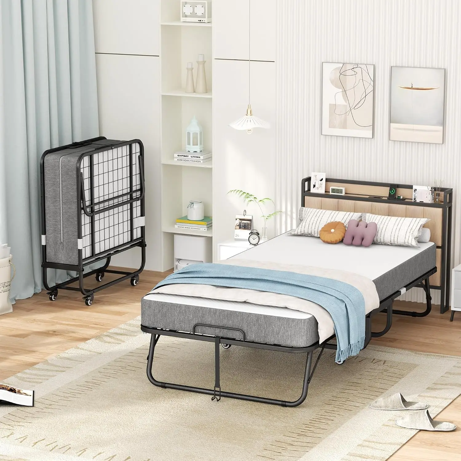 75x38 In Folding Bed with 5 In Memory Foam Mattress 450 LBS Heavy Duty Steel Frame 4 Lockable Casters Rollaway Guest Bed Portable Floor Mat