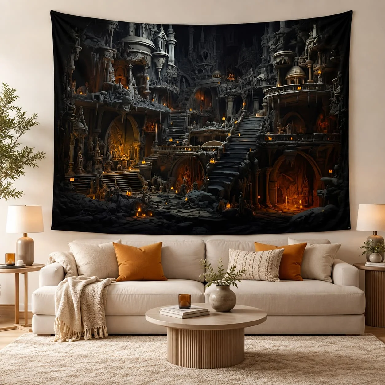 Vintage Gothic Castle Tapestry Polyurethane Fabric, Horror Theme Wall Hanging for Halloween, Vampire Castle Interior Scene, No Electricity Needed, Featherless, Ideal for Halloween Party Decoration