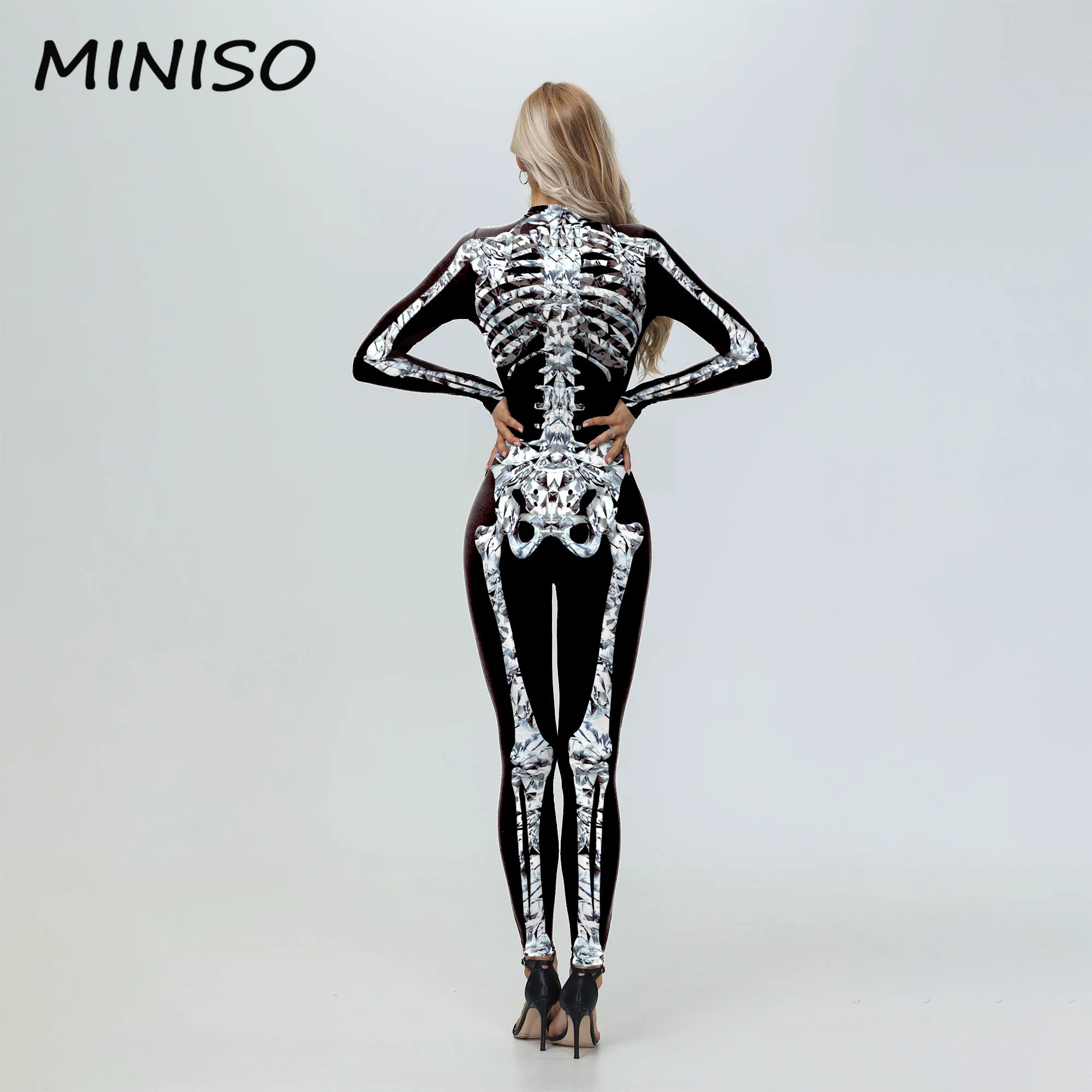 MINISO Human Skeleton Costume Halloween Elastic Jumpsuit Cosplay Carnival Dress Up Party Bodysuits Scary Sexy Women Zentai