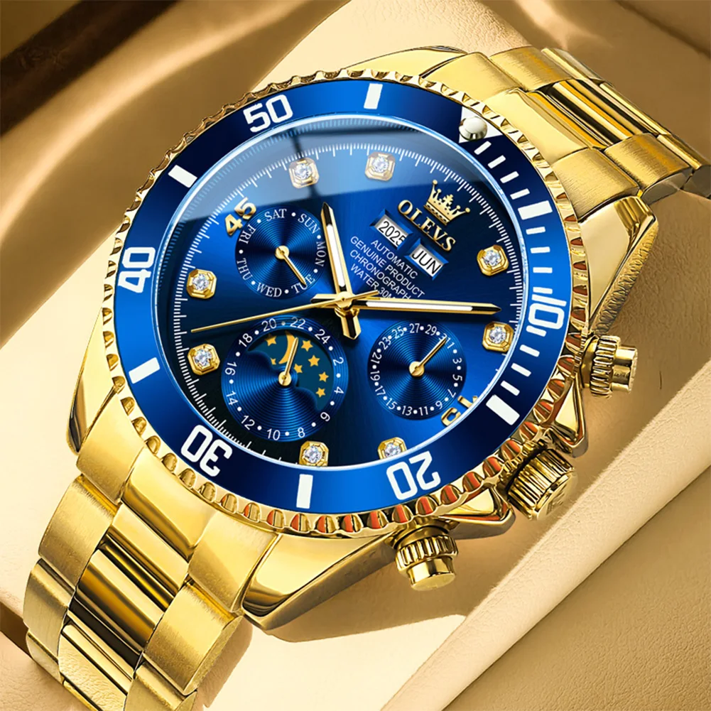 

OLEVS Luxury Men Mechanical Watch Stainless Steel Waterproof Luiminous Business Fashion Men's Watch Date Moon Phase Watches Men