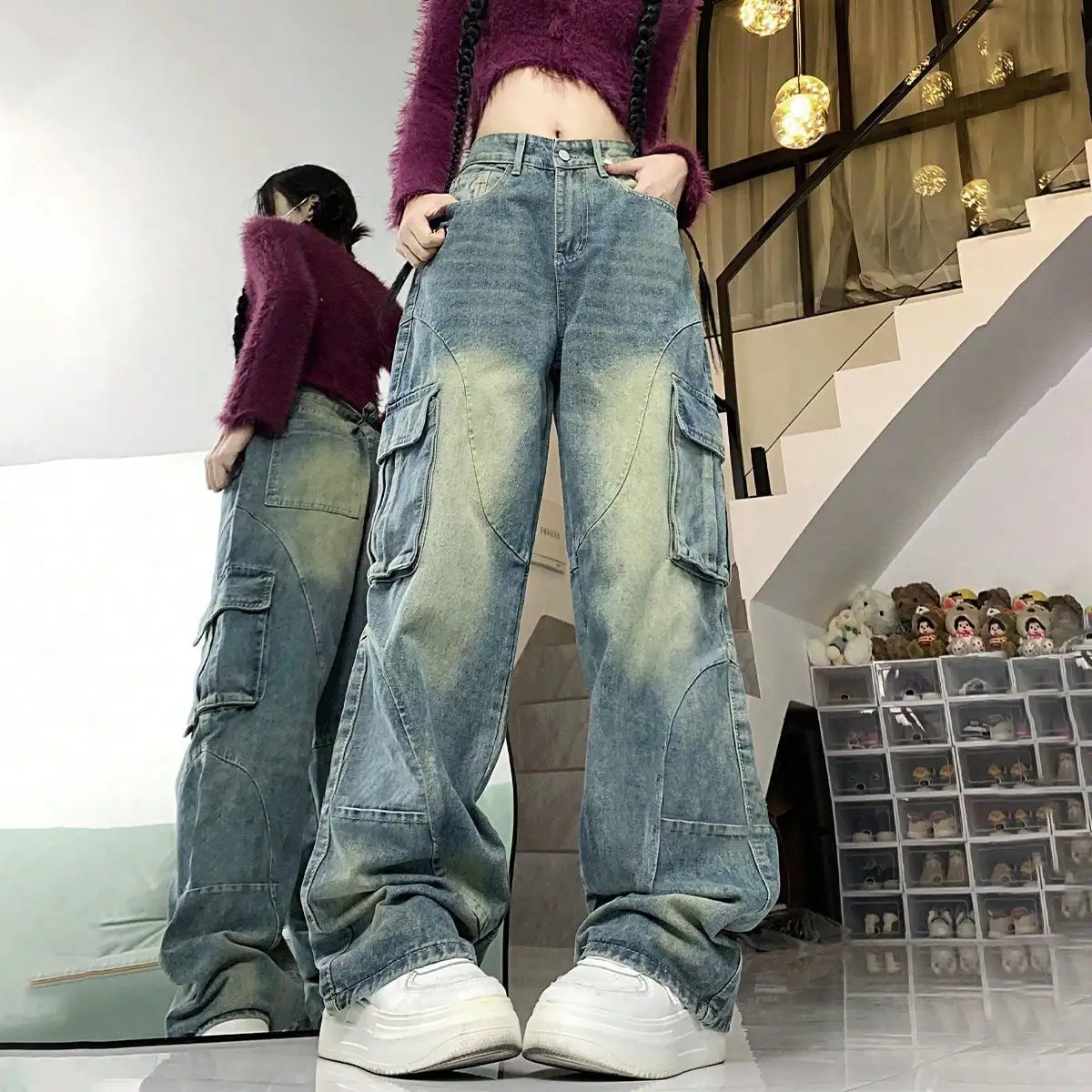 

South Korea's Dongdaemun Summer Retro Heavy-Duty Washed Distressed Wide-Leg Pants High-Waisted Loose Floor-Length Straight Legs for Women