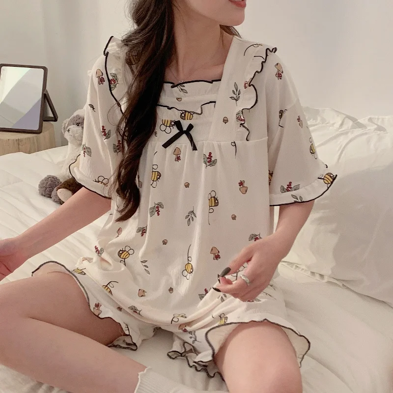 CHENGAISI Cute Print Women's Nightgown Set Casual Loungewear Ladies Sleepwear Sweet Summer Nightwear Suit Breathable Nightgowns