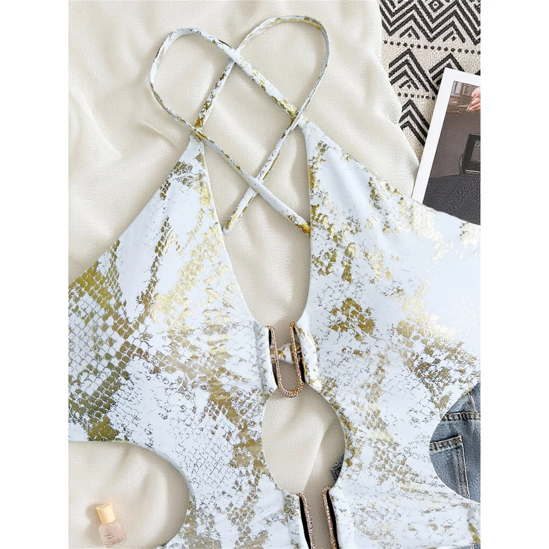 XS - L Neuer Badeanzug mit Schlangenhautmuster, U-Ausschnitt, Cut-Out-Design, einteilig, Damen-Badebekleidung, Monokini mit überkreuztem Rücken, Badeanzug, Schwimmanzug V7990 – Detail 6