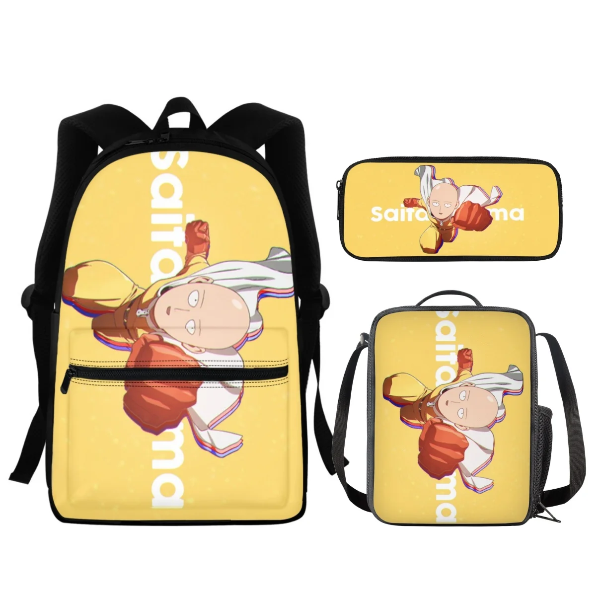 FORUDESIGNS ONE PUNCH-MAN Backpacks 3Pcs/Set Lunch Bag Students Pencil Case Diagonal Shoulder Handy Rucksack Multipurpose