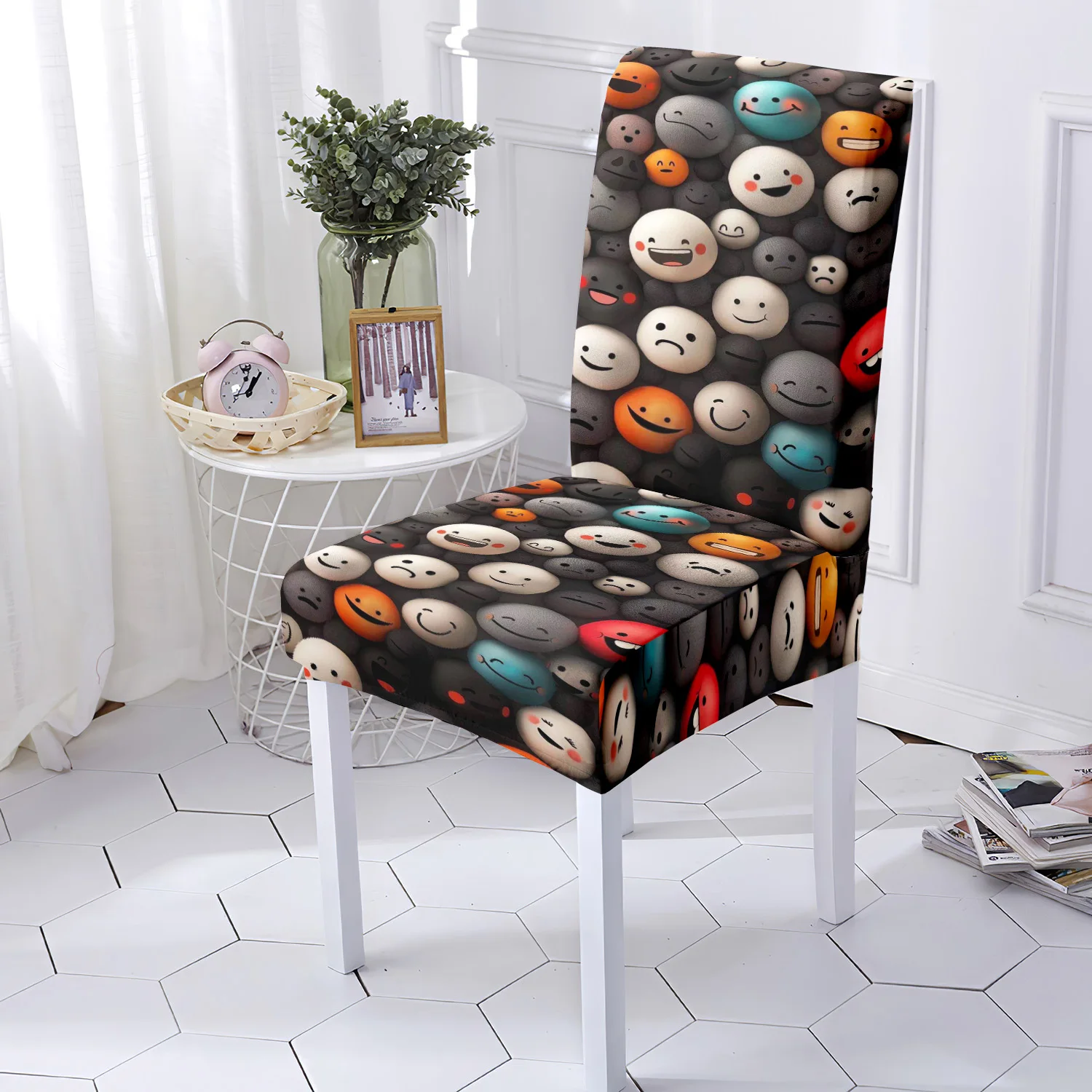 

4/6 шт., чехол для обеденного стула Four Seasons, дизайн с принтом смайлика, домашний эластичный полный чехол, моющийся чехол на стул