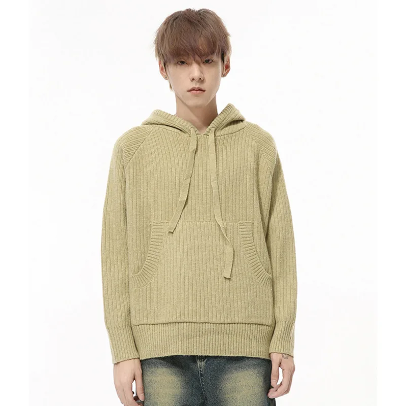 SYUHGFA Korean Style Men's Sweaters Casual Hooded Solid Color Loose Pullover Tops New Trendy Male Hoodie Knits 2024 Winter