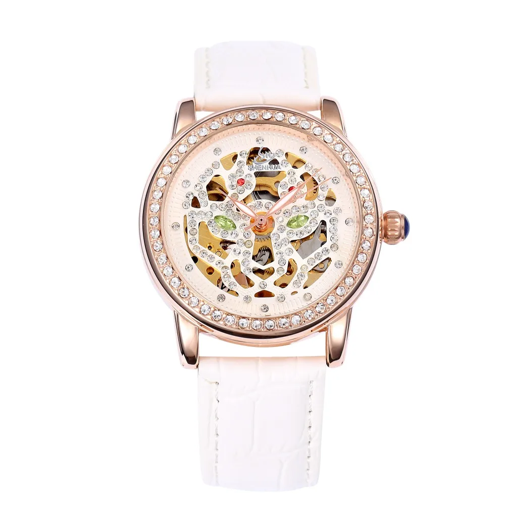 SHENHUA Fashion Rhinestone Leopard Head Dial Ladies WristWatch Skeleton Automatic Self-Wind Watches Women  Mechanical Watches