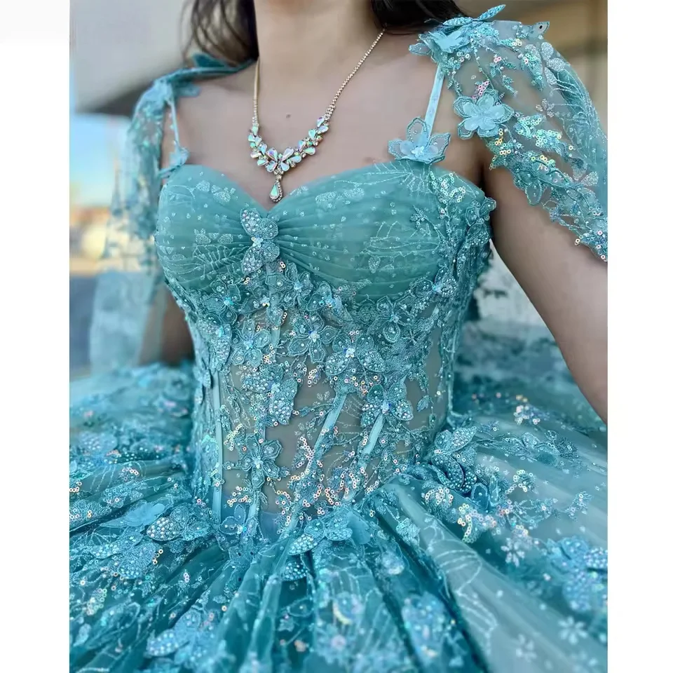 فساتين Quinceanera الأزهار الكرة ثوب طويل الأكمام يزين الحلو 16 فساتين 15 Años المكسيكي حسب الطلب