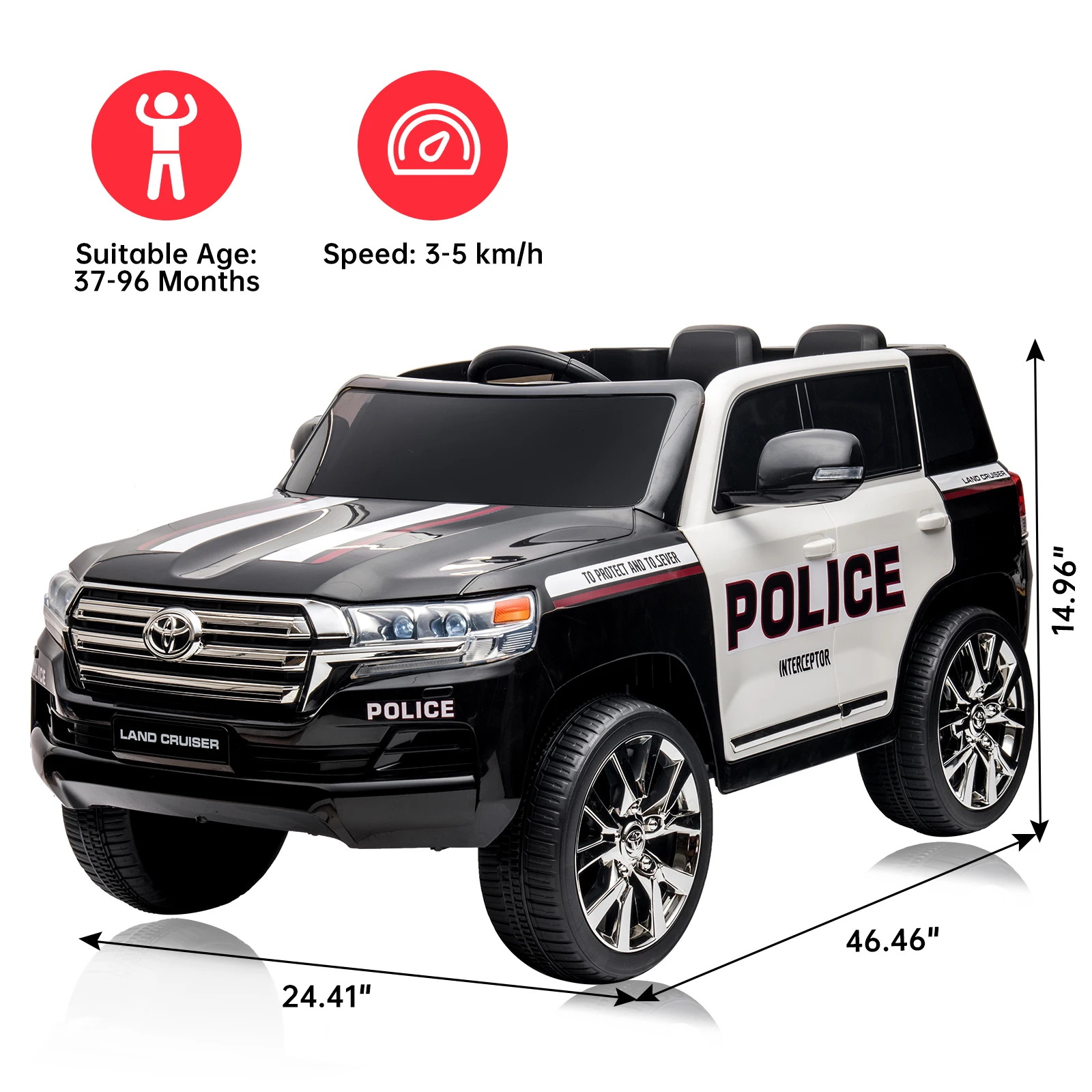 SUV per auto della polizia da 12 V, veicolo elettrico Toyota Land Cruiser con licenza con telecomando, 2 posti, 3 velocità per ragazzi e ragazze