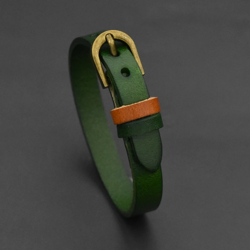 Vintage Simple Alloy Buckle Bangle Black Brown Green Leather Wristhand Bracelet,6\